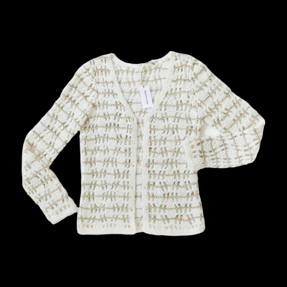 Metallic Gold Abstract Knit Cardigan, Petite L